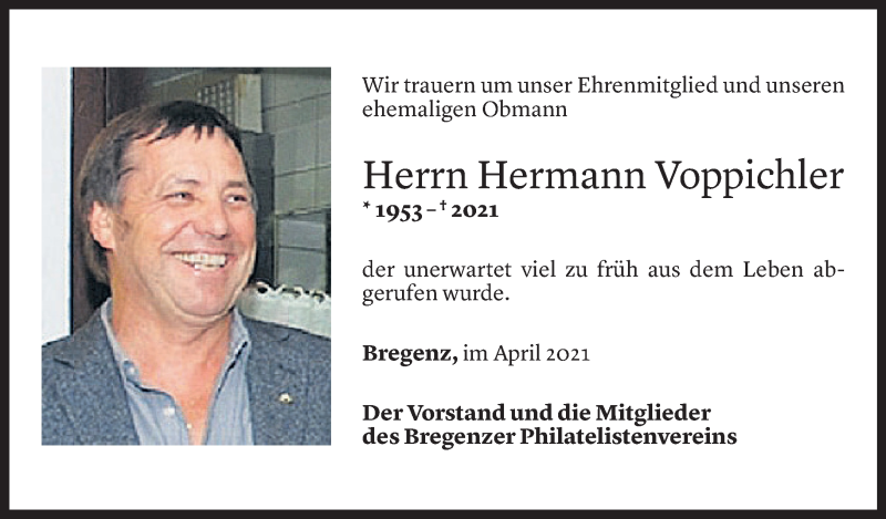 Todesanzeige für Hermann Voppichler vom 10.04.2021 aus Vorarlberger Nachrichten
