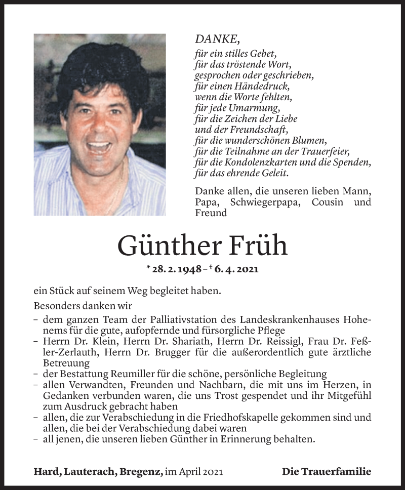  Todesanzeige für Günther Früh vom 16.04.2021 aus Vorarlberger Nachrichten