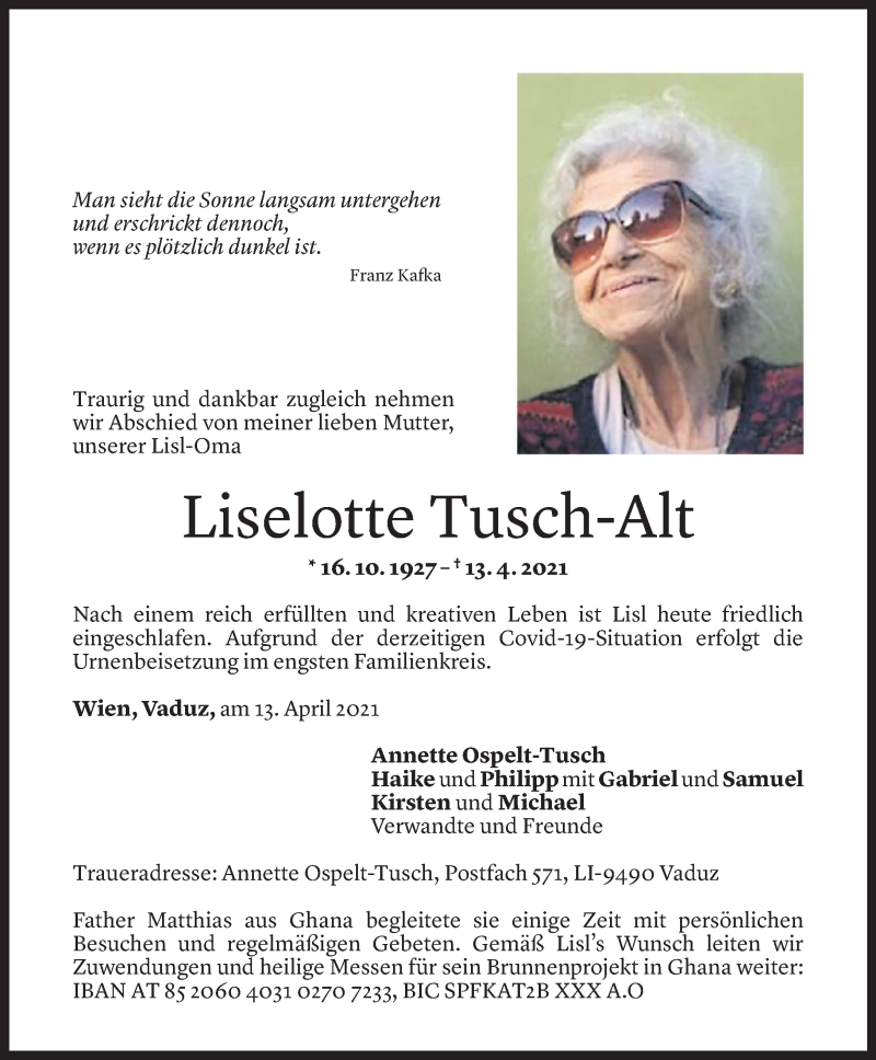  Todesanzeige für Liselotte Tusch-Alt vom 15.04.2021 aus Vorarlberger Nachrichten
