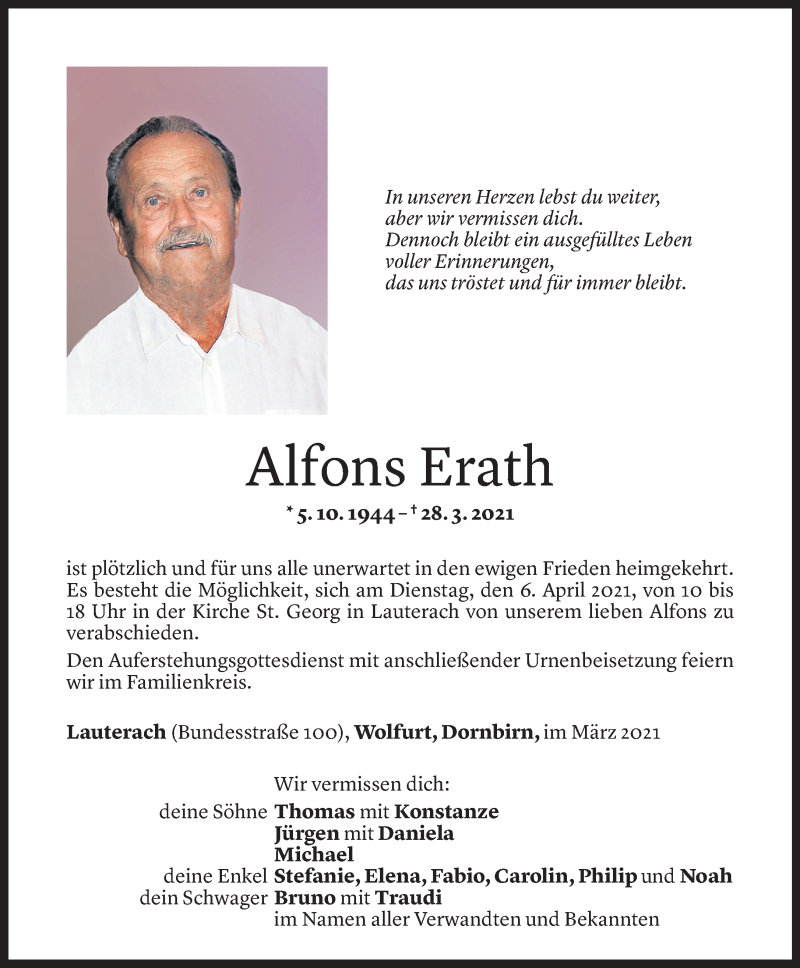  Todesanzeige für Alfons Erath vom 01.04.2021 aus Vorarlberger Nachrichten