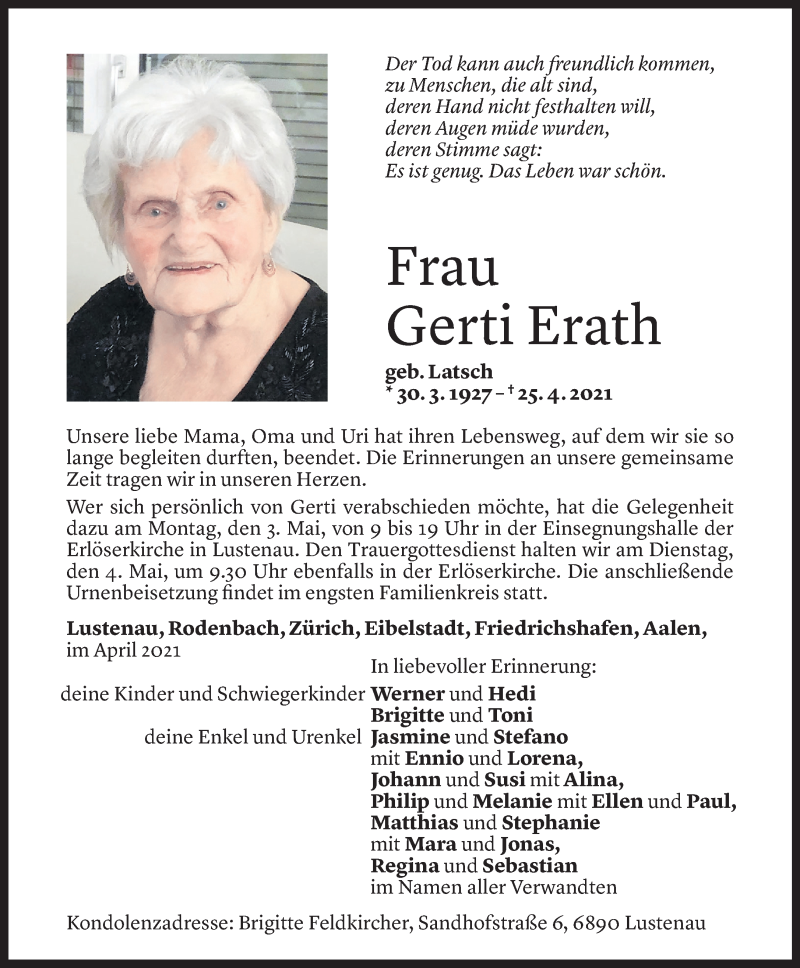  Todesanzeige für Gerti Erath vom 29.04.2021 aus Vorarlberger Nachrichten