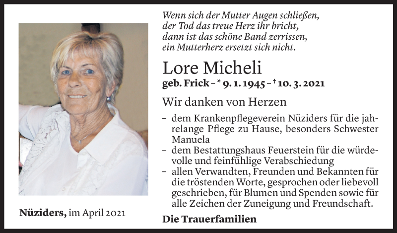  Todesanzeige für Lore Micheli vom 17.04.2021 aus Vorarlberger Nachrichten