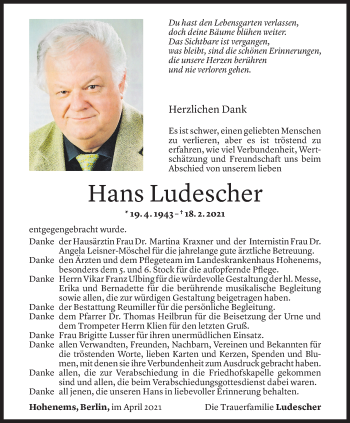 Todesanzeige von Hans Ludescher von Vorarlberger Nachrichten