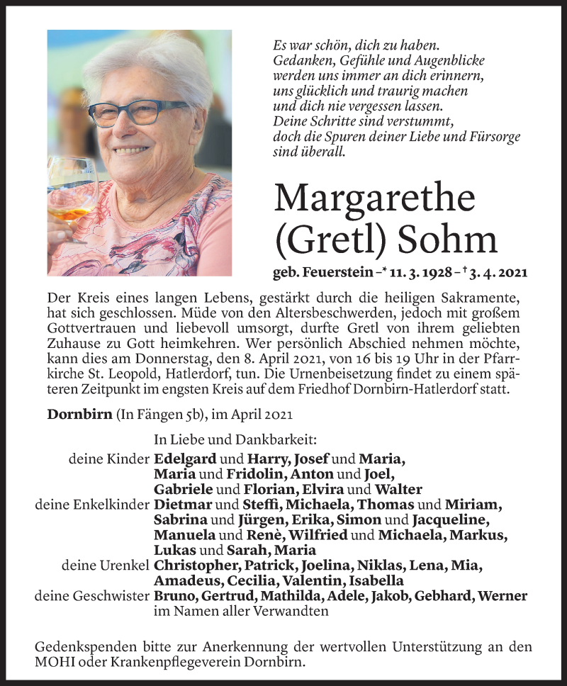  Todesanzeige für Margarethe Sohm vom 07.04.2021 aus Vorarlberger Nachrichten