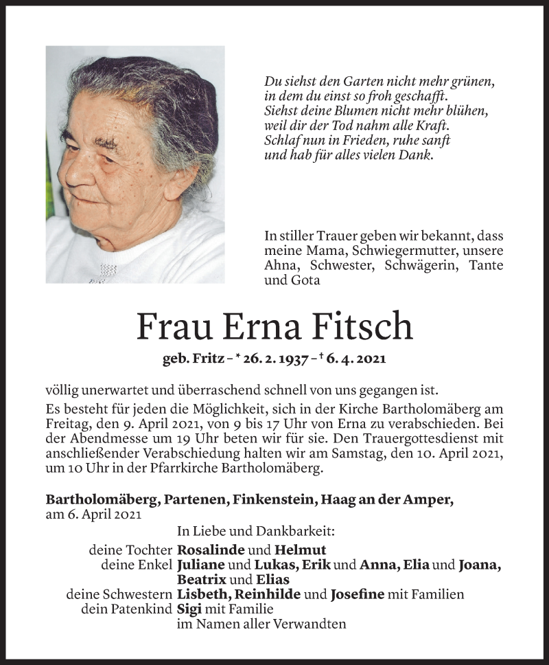  Todesanzeige für Erna Fitsch vom 07.04.2021 aus Vorarlberger Nachrichten