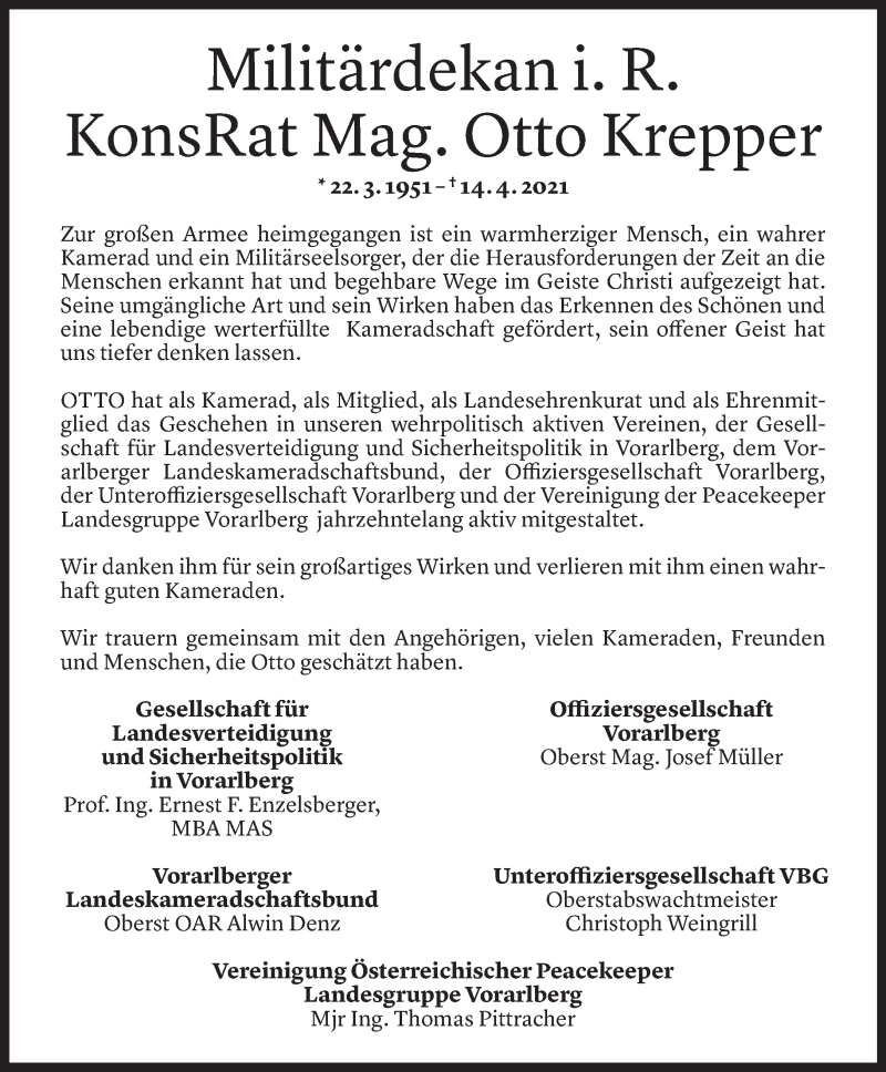  Todesanzeige für Otto Krepper vom 21.04.2021 aus Vorarlberger Nachrichten