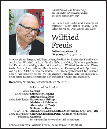 Todesanzeige von Wilfried Freuis von Vorarlberger Nachrichten