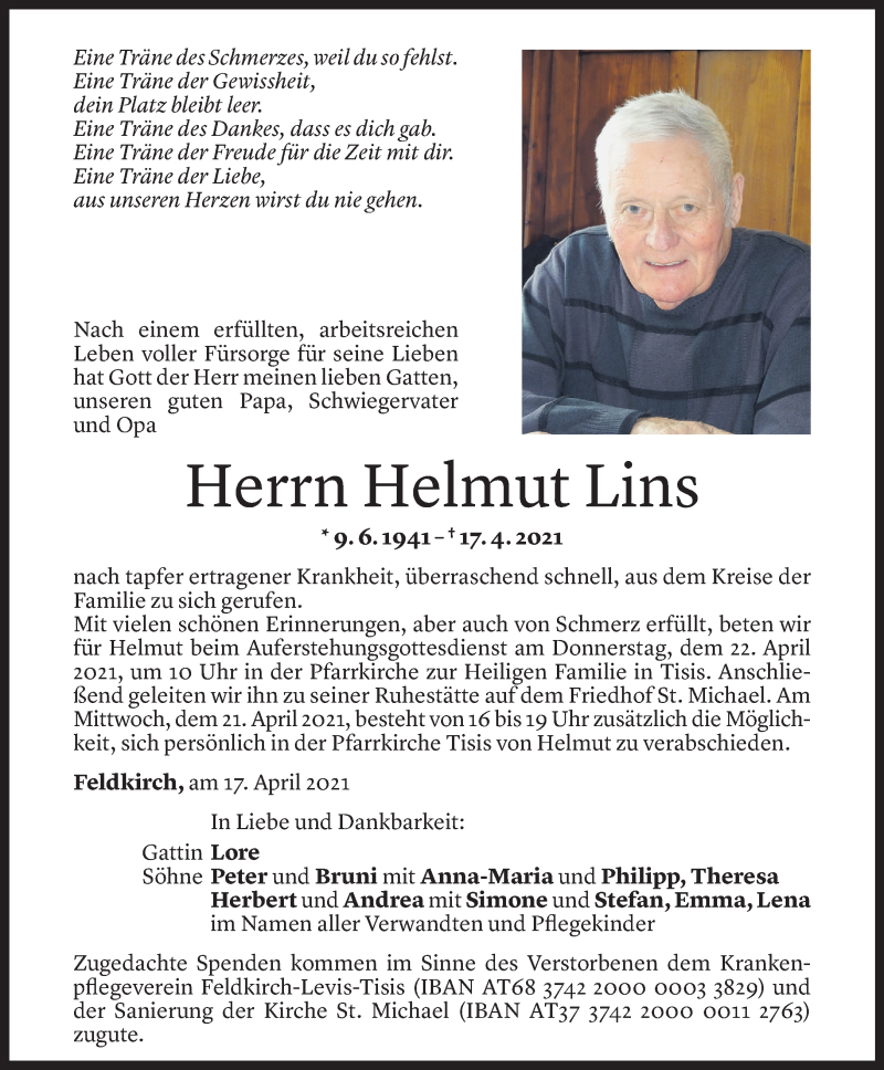  Todesanzeige für Helmut Lins vom 18.04.2021 aus Vorarlberger Nachrichten