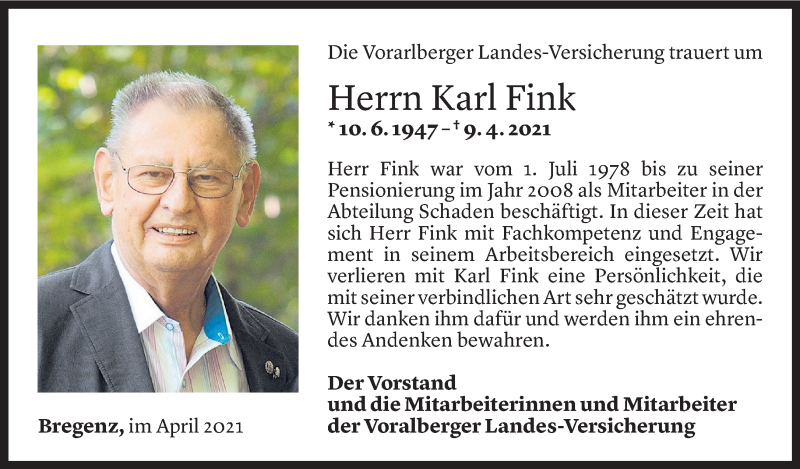  Todesanzeige für Karl Fink vom 12.04.2021 aus Vorarlberger Nachrichten