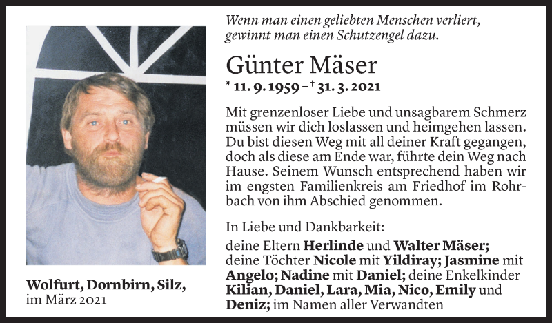  Todesanzeige für Günter Mäser vom 10.04.2021 aus Vorarlberger Nachrichten