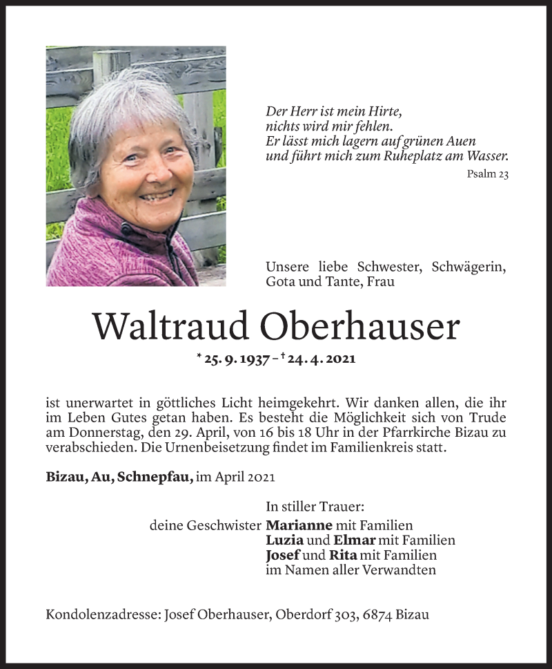  Todesanzeige für Waltraud Oberhauser vom 27.04.2021 aus Vorarlberger Nachrichten