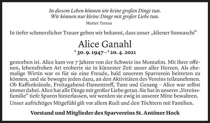 Todesanzeige für Alice Ganahl vom 23.04.2021 aus Vorarlberger Nachrichten