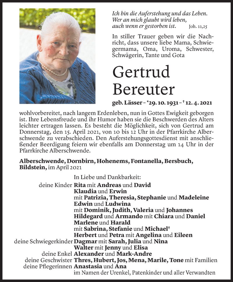  Todesanzeige für Gertrud Bereuter vom 13.04.2021 aus Vorarlberger Nachrichten