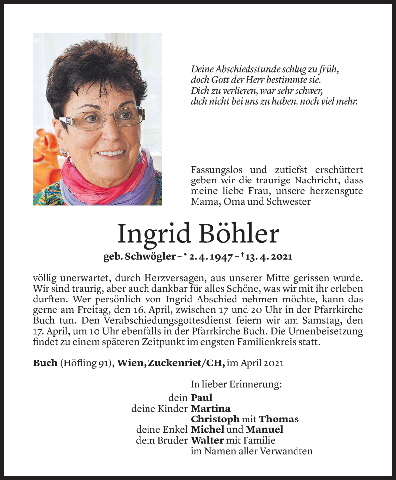  Todesanzeige für Ingrid Böhler vom 15.04.2021 aus Vorarlberger Nachrichten