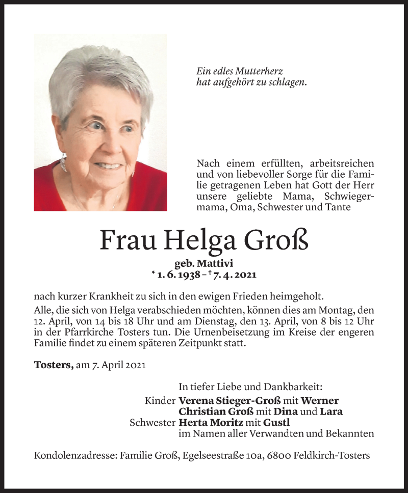  Todesanzeige für Helga Groß vom 09.04.2021 aus Vorarlberger Nachrichten