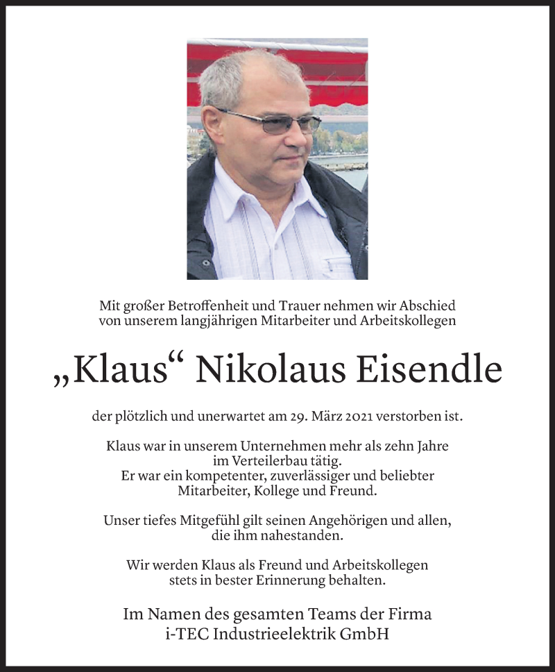  Todesanzeige für Klaus Eisendle vom 03.04.2021 aus Vorarlberger Nachrichten