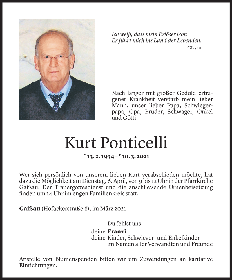  Todesanzeige für Kurt Ponticelli vom 02.04.2021 aus Vorarlberger Nachrichten
