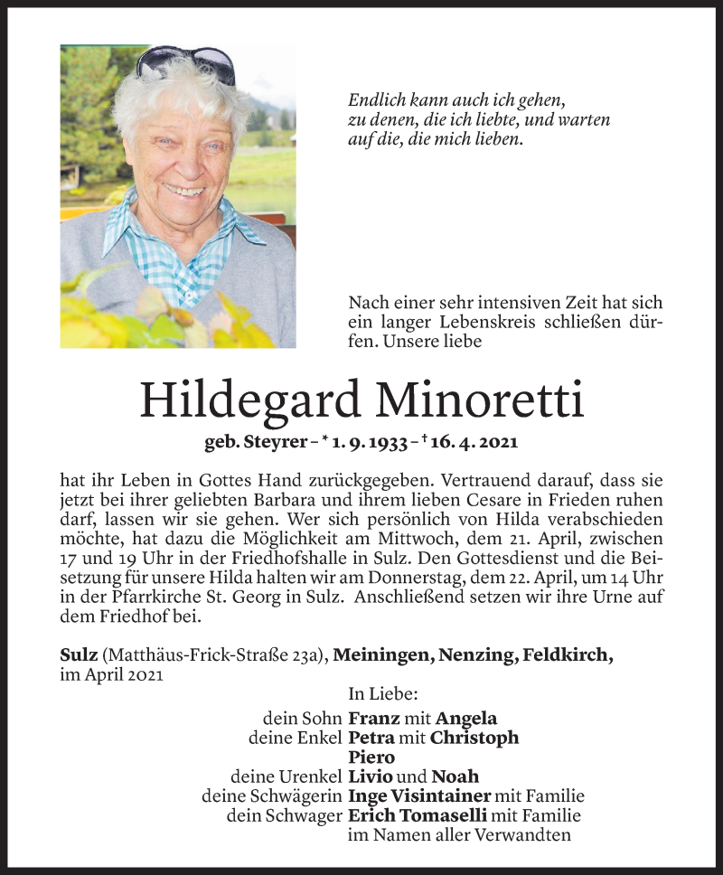  Todesanzeige für Hildegard Minoretti vom 19.04.2021 aus Vorarlberger Nachrichten