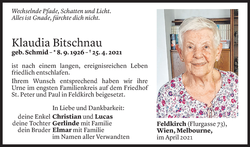  Todesanzeige für Klaudia Bitschnau vom 30.04.2021 aus Vorarlberger Nachrichten