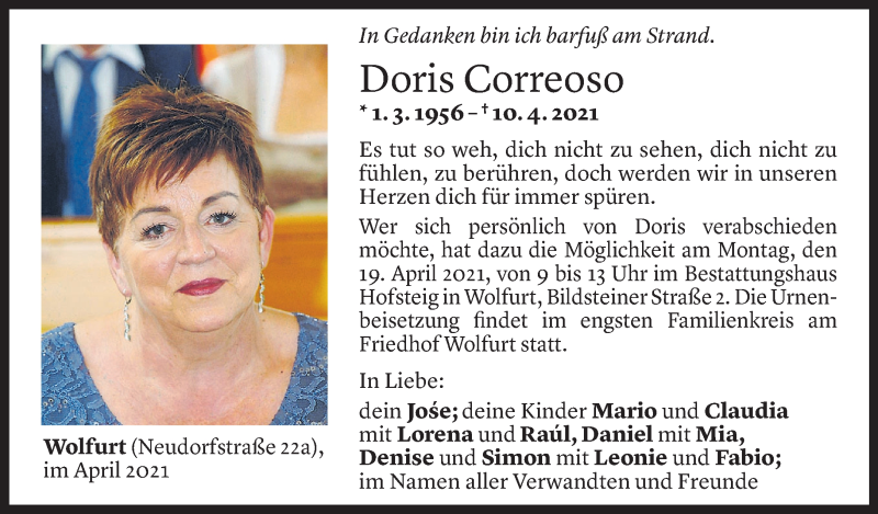  Todesanzeige für Doris Correoso vom 14.04.2021 aus Vorarlberger Nachrichten