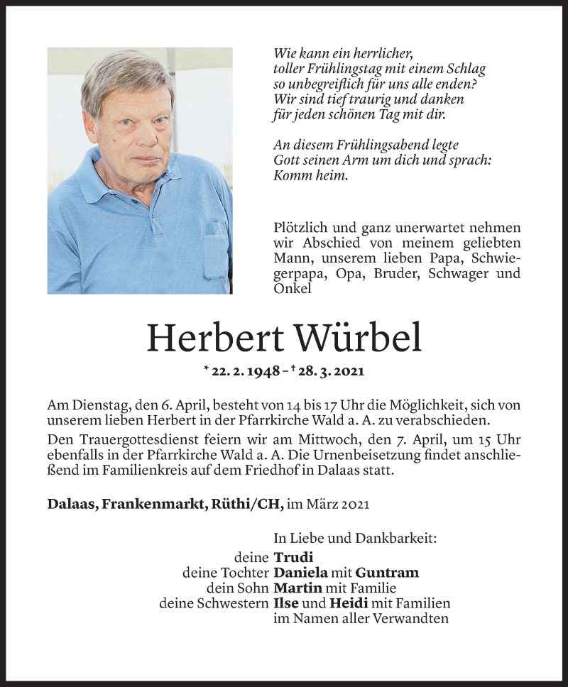  Todesanzeige für Herbert Würbel vom 03.04.2021 aus Vorarlberger Nachrichten