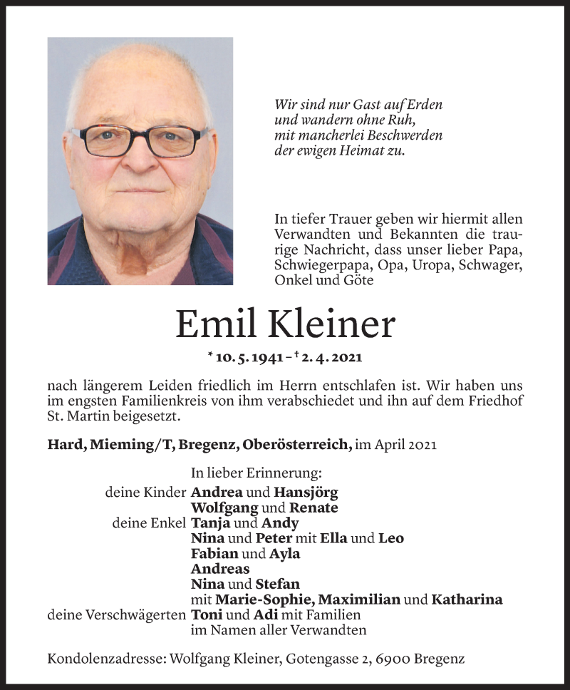  Todesanzeige für Emil Kleiner vom 10.04.2021 aus Vorarlberger Nachrichten