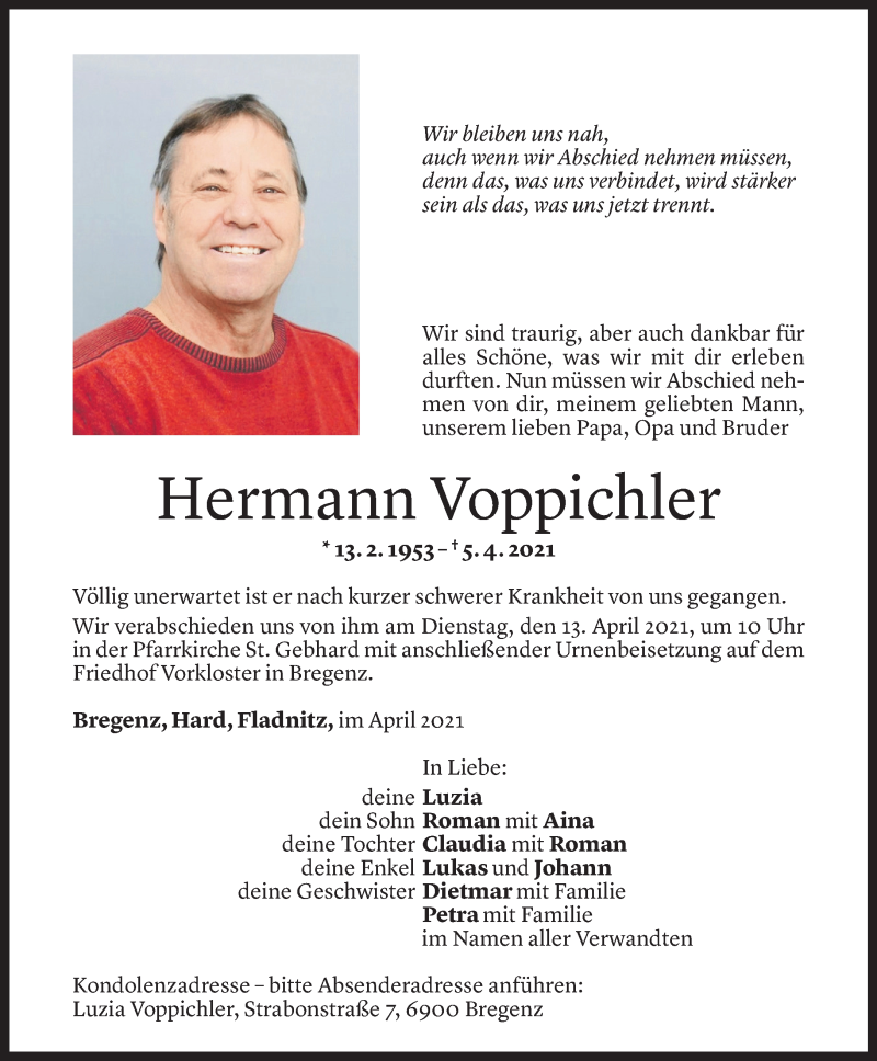  Todesanzeige für Hermann Voppichler vom 09.04.2021 aus Vorarlberger Nachrichten