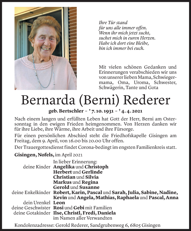  Todesanzeige für Bernarda Rederer vom 07.04.2021 aus Vorarlberger Nachrichten