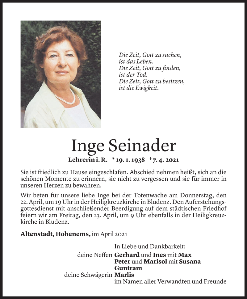  Todesanzeige für Inge Seinader vom 17.04.2021 aus Vorarlberger Nachrichten