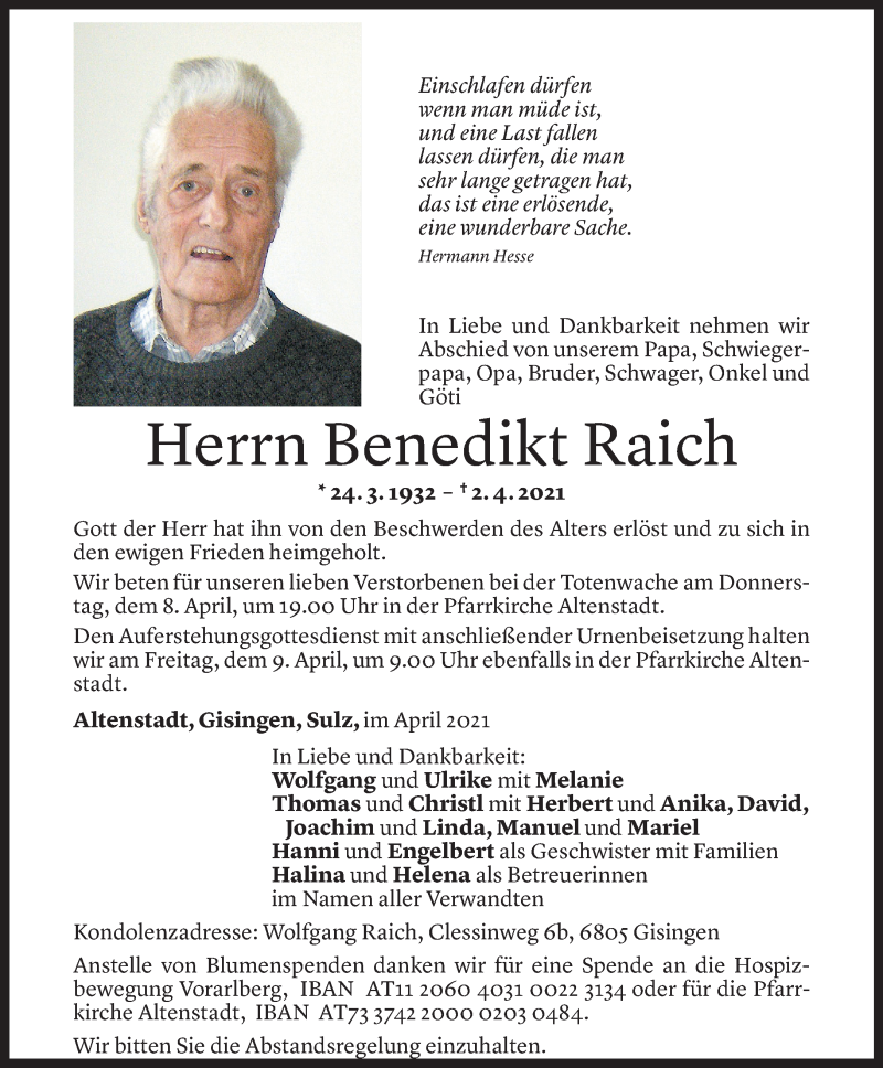  Todesanzeige für Benedikt Raich vom 07.04.2021 aus Vorarlberger Nachrichten