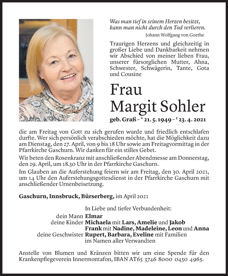  Todesanzeige für Margit Sohler vom 25.04.2021 aus Vorarlberger Nachrichten