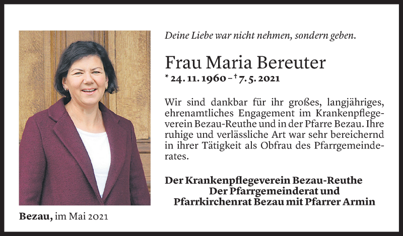  Todesanzeige für Maria Bereuter vom 07.05.2021 aus Vorarlberger Nachrichten