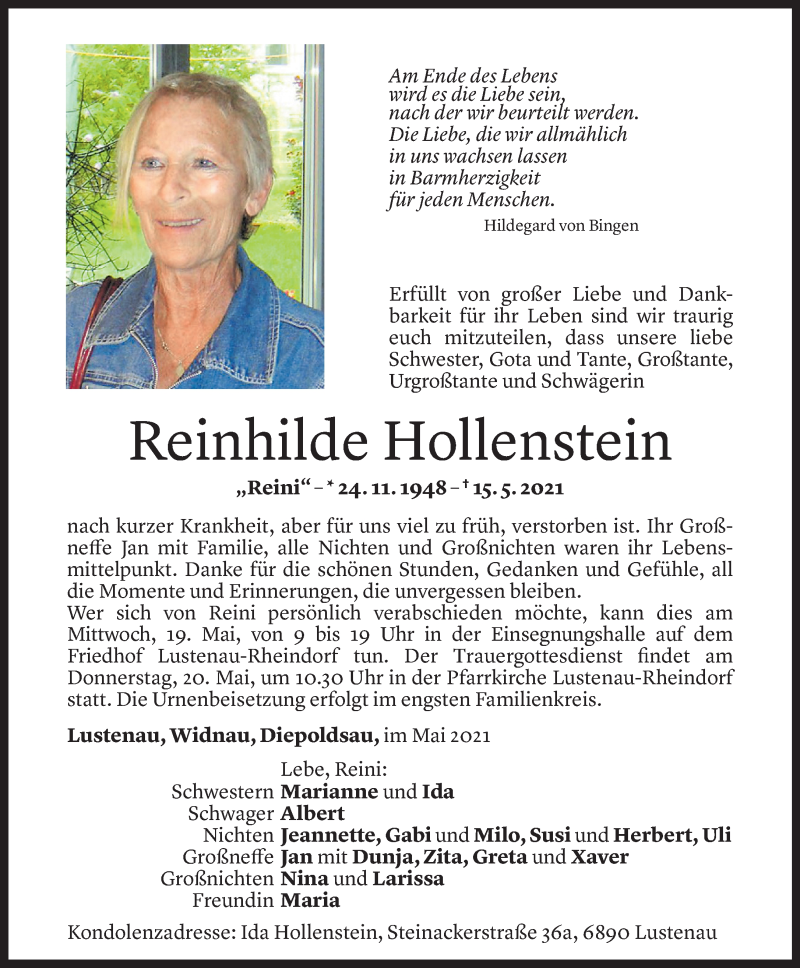  Todesanzeige für Reinhilde Hollenstein vom 17.05.2021 aus Vorarlberger Nachrichten