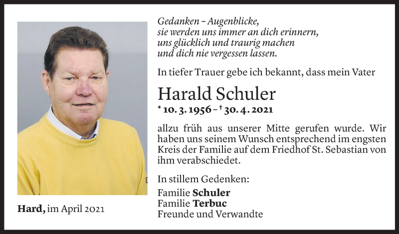  Todesanzeige für Harald Schuler vom 08.05.2021 aus Vorarlberger Nachrichten