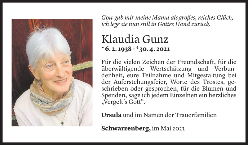  Todesanzeige für Klaudia Gunz vom 15.05.2021 aus Vorarlberger Nachrichten