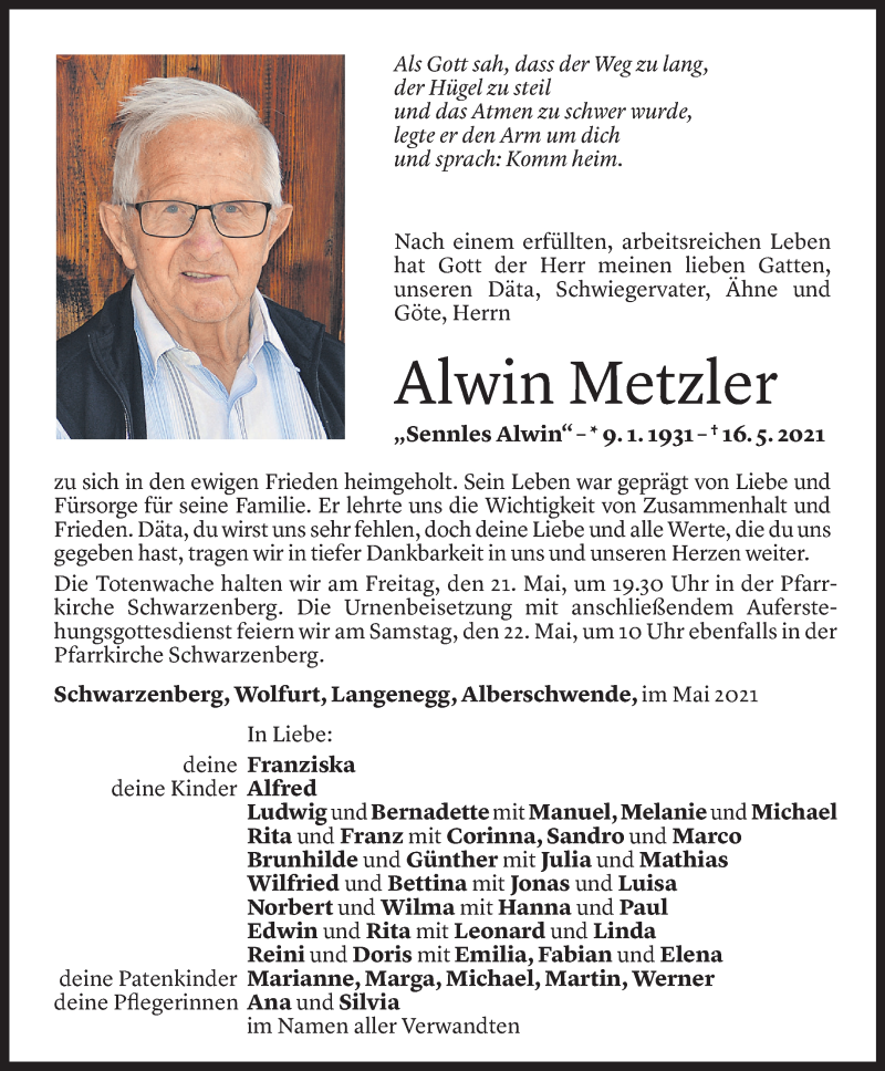  Todesanzeige für Alwin Metzler vom 19.05.2021 aus Vorarlberger Nachrichten