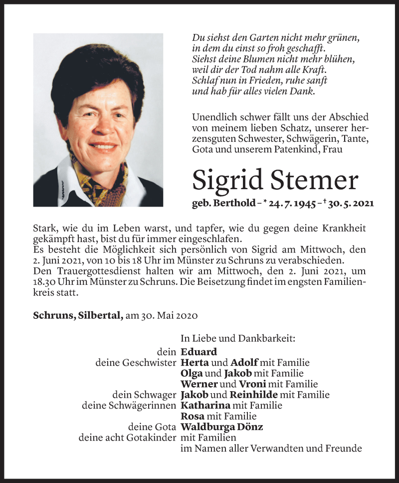  Todesanzeige für Sigrid Stemer vom 01.06.2021 aus Vorarlberger Nachrichten