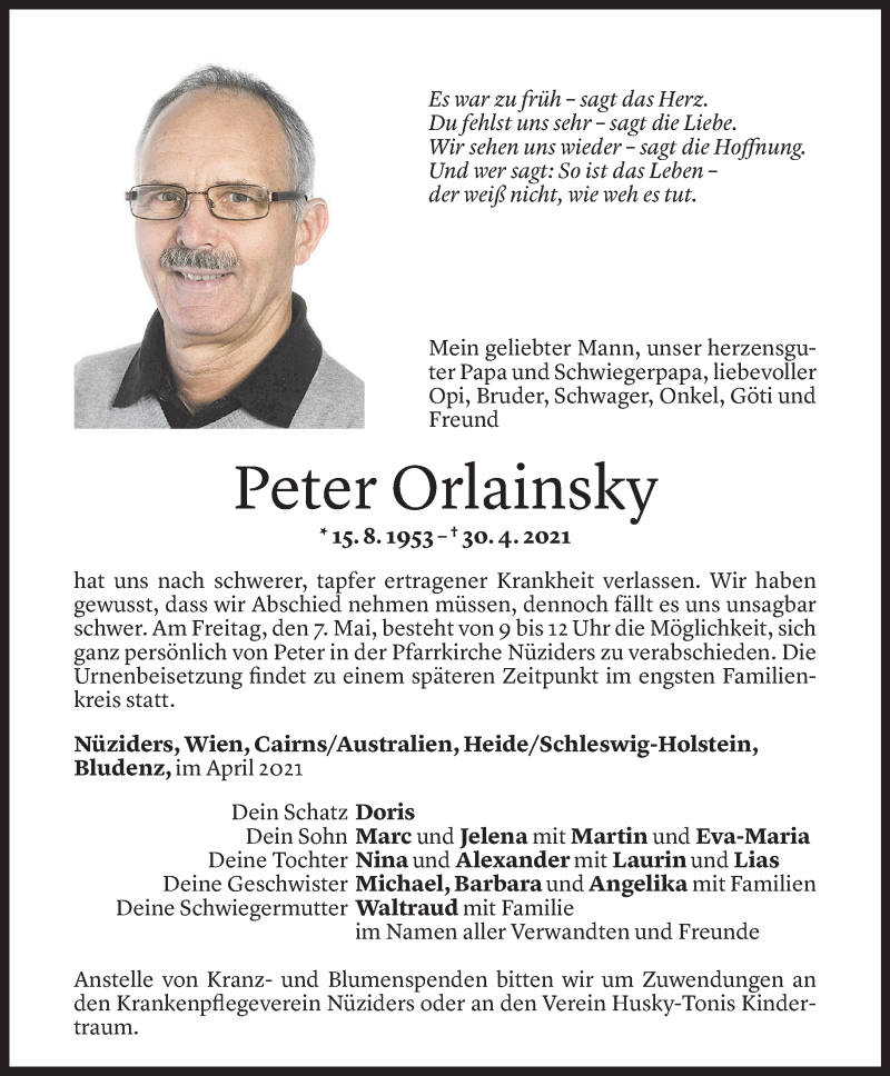  Todesanzeige für Peter Orlainsky vom 05.05.2021 aus Vorarlberger Nachrichten