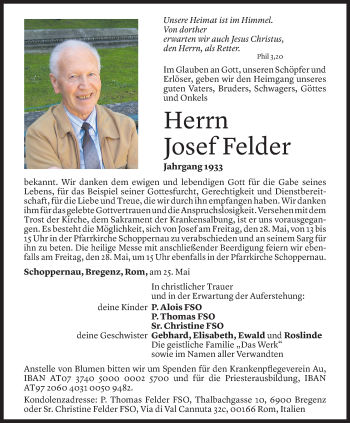 Todesanzeige von Josef Felder von Vorarlberger Nachrichten