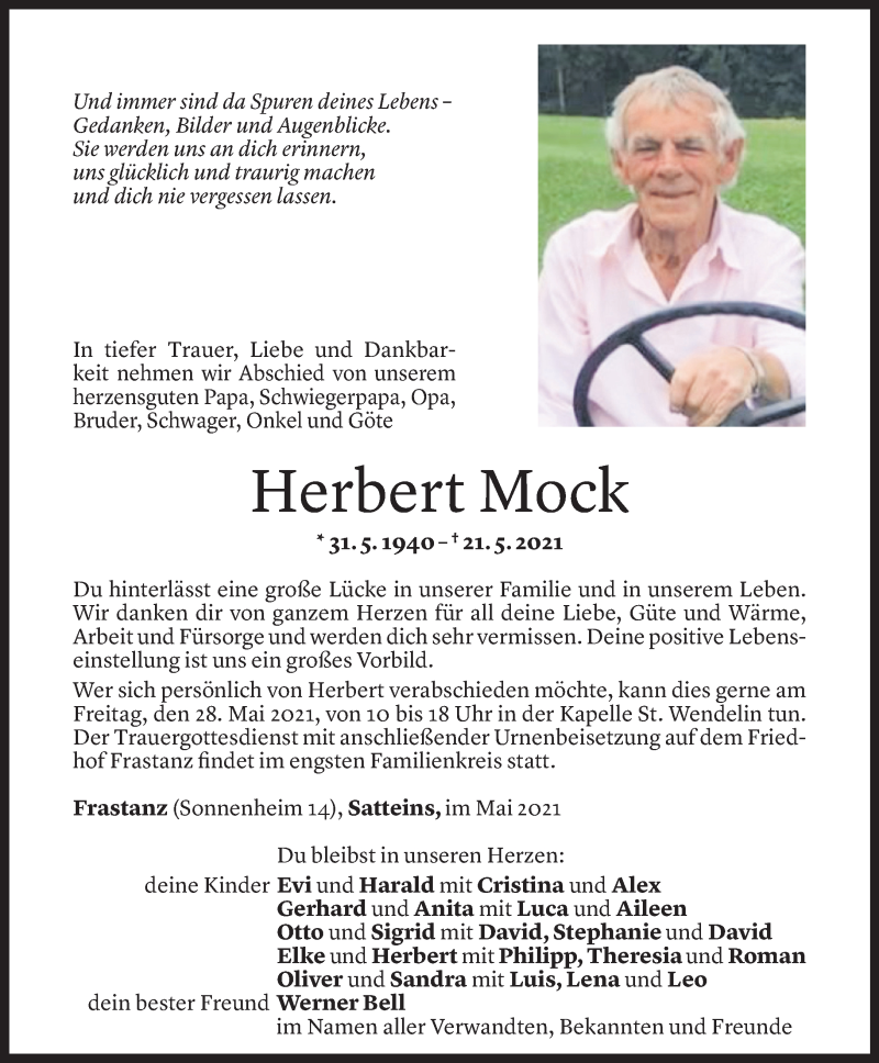  Todesanzeige für Herbert Mock vom 26.05.2021 aus Vorarlberger Nachrichten