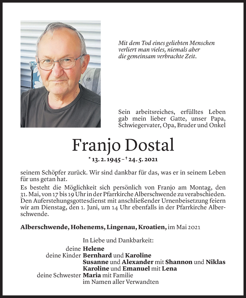  Todesanzeige für Franjo Dostal vom 28.05.2021 aus Vorarlberger Nachrichten