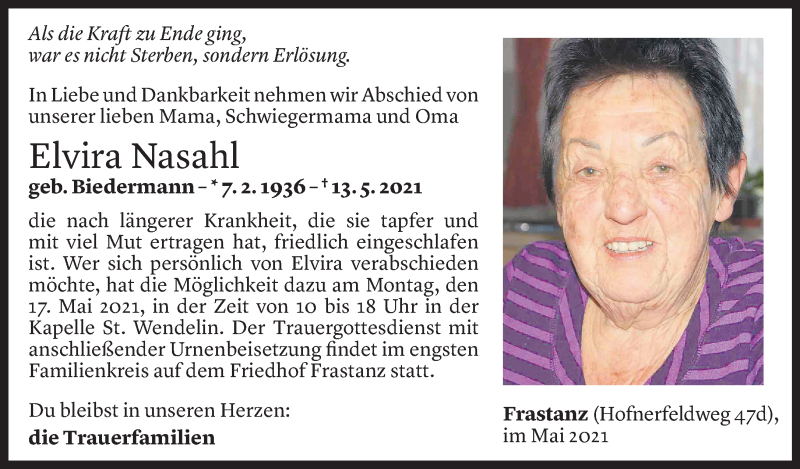  Todesanzeige für Elvira Nasahl vom 15.05.2021 aus Vorarlberger Nachrichten