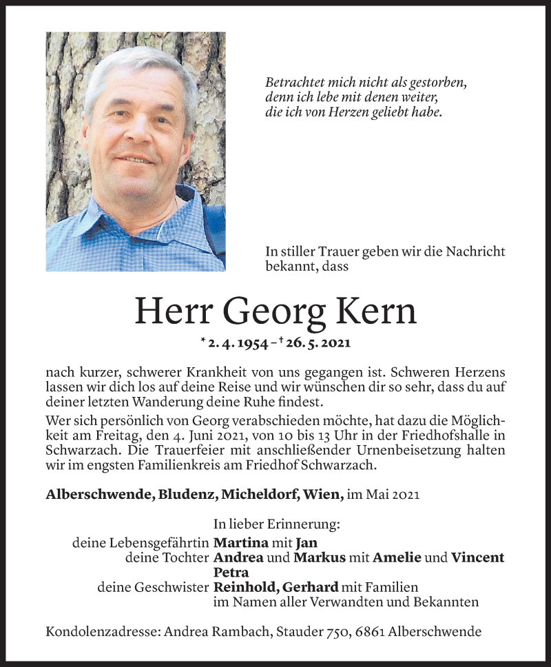  Todesanzeige für Georg Kern vom 01.06.2021 aus Vorarlberger Nachrichten