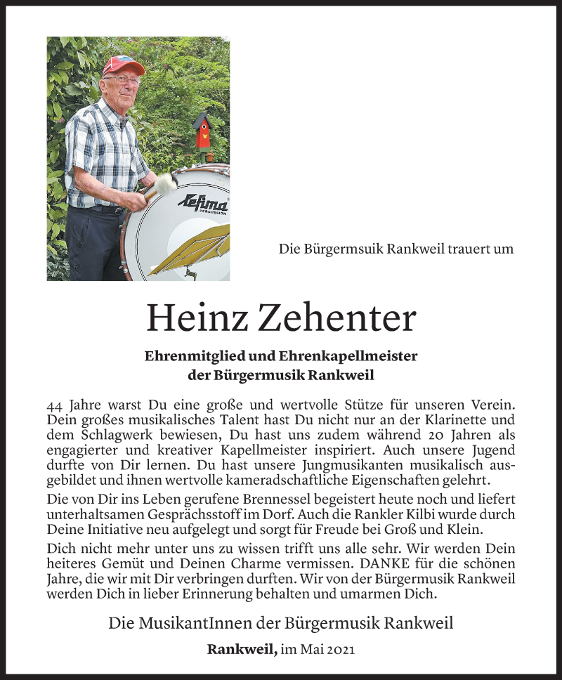  Todesanzeige für Heinz Zehenter vom 26.05.2021 aus Vorarlberger Nachrichten