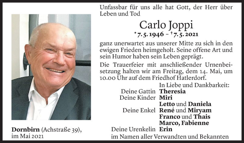  Todesanzeige für Carlo Joppi vom 12.05.2021 aus Vorarlberger Nachrichten