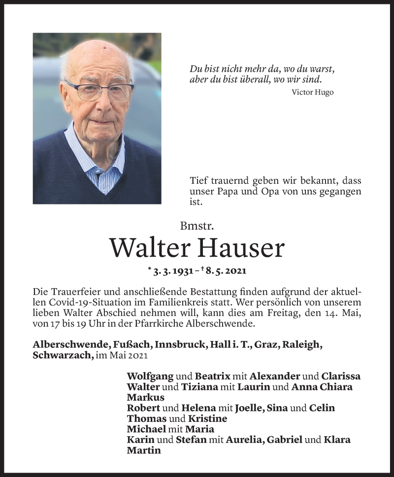  Todesanzeige für Walter Hauser vom 12.05.2021 aus Vorarlberger Nachrichten