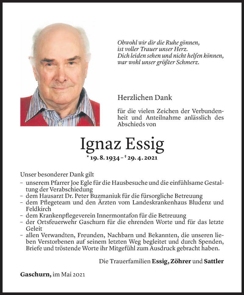  Todesanzeige für Ignaz Essig vom 21.05.2021 aus Vorarlberger Nachrichten