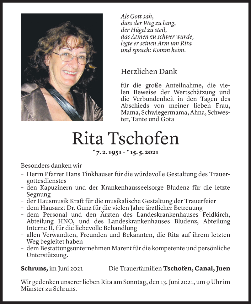  Todesanzeige für Rita Tschofen vom 10.06.2021 aus Vorarlberger Nachrichten