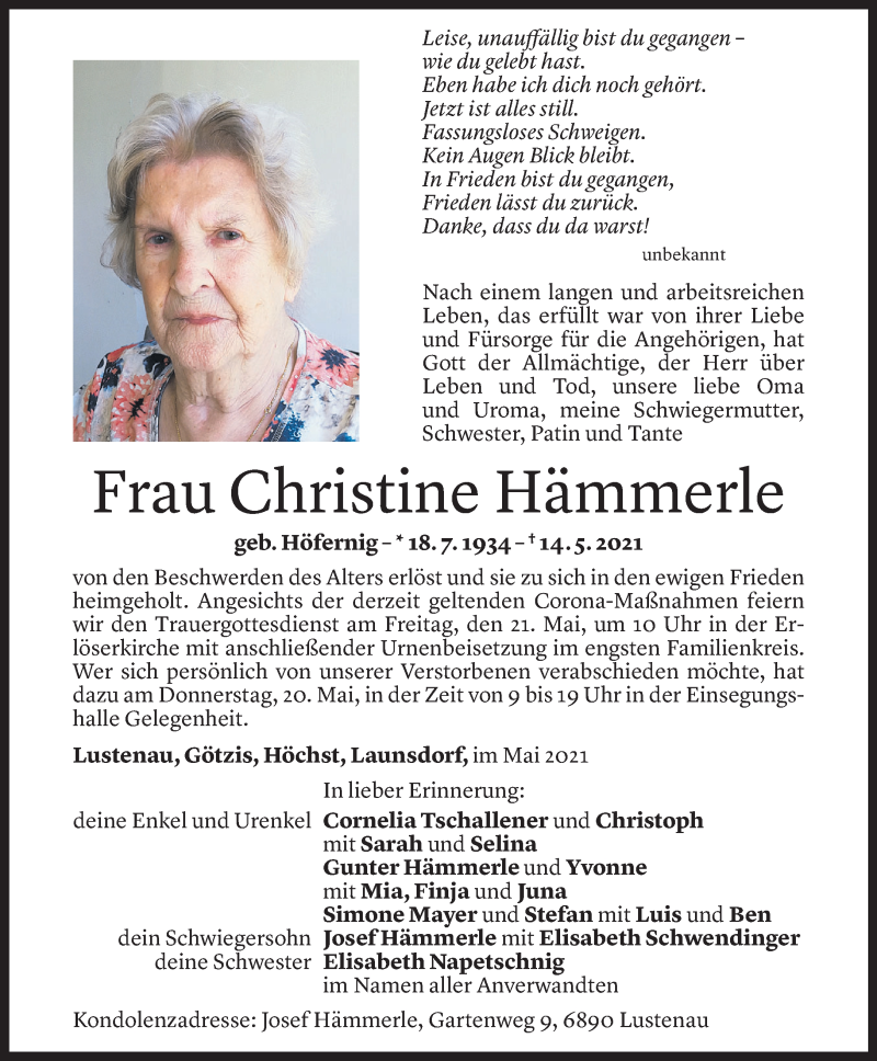  Todesanzeige für Christine Hämmerle vom 18.05.2021 aus Vorarlberger Nachrichten