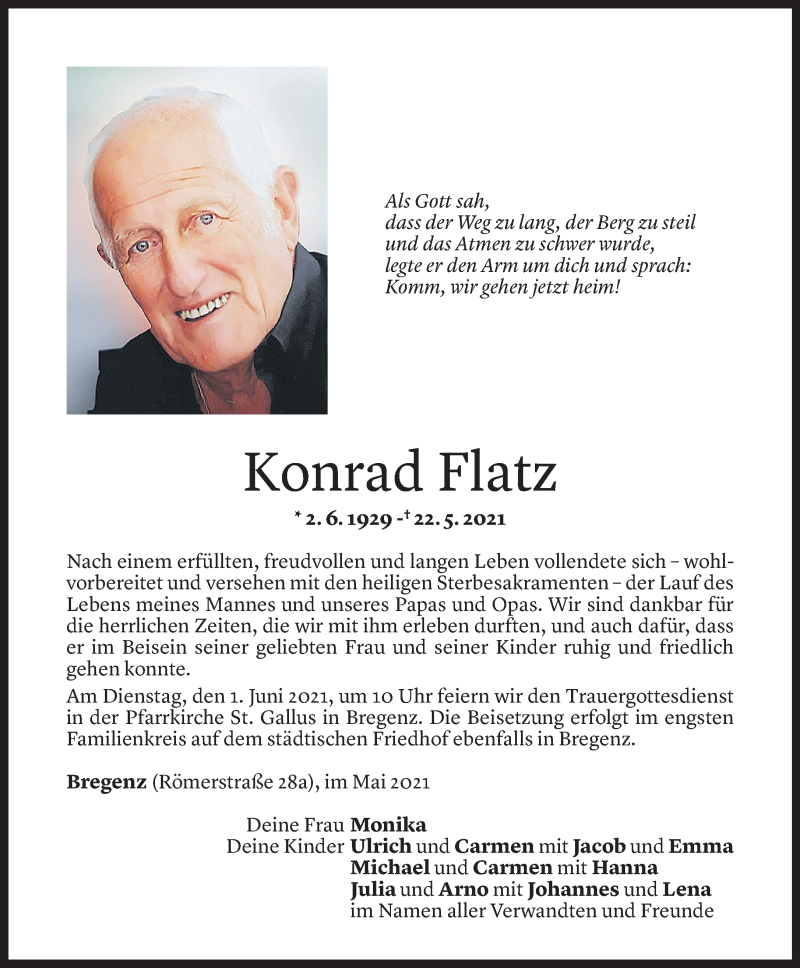  Todesanzeige für Konrad Flatz vom 28.05.2021 aus Vorarlberger Nachrichten